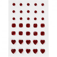 Pierres de strass, dim. 6+8+10 mm, rouge, rond, carré, coeur, 35pièces [HOB-24375]