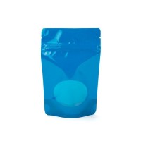 Doypack bleu avec fenêtre ovale transparente, 10.2 x 6 x 15.2 cm (57 g) (100 Pieces) [ZBGO2BL]