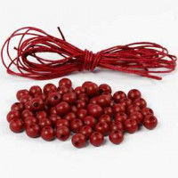 Perles en bois et corde en coton, d: 8 mm, épaisseur 3 mm, rouge, 1set [HOB-25240]