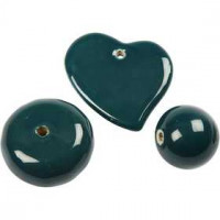 Perles modes en céramique, dim. 24-36 mm, la taille du trou 2-3 mm, vert foncé, Coeur, bale, disque, 3assortis [HOB-63646]
